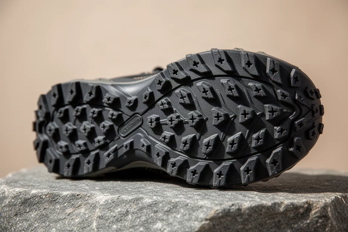 Close-up of a trail shoe outsole with four millimetre lugs
