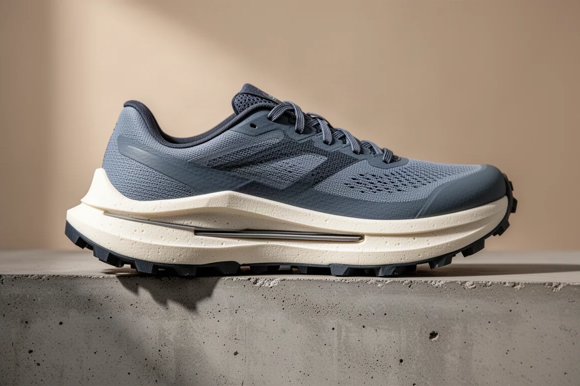 Trail shoe midsole showing dual density foam layers