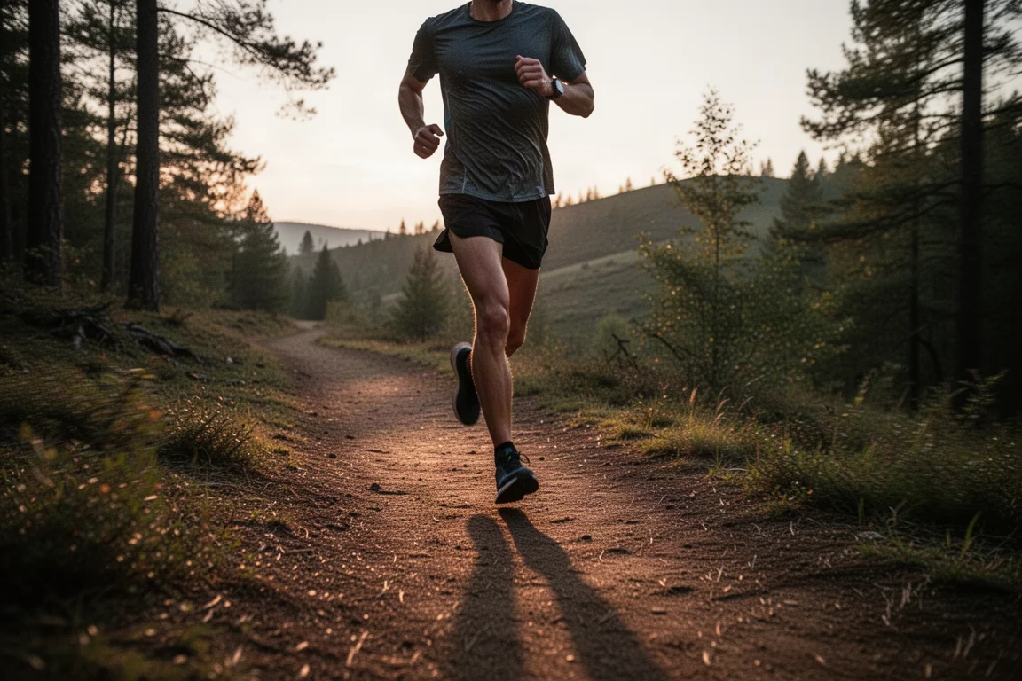 Runner on a forest trail at dusk with headtorch glow
