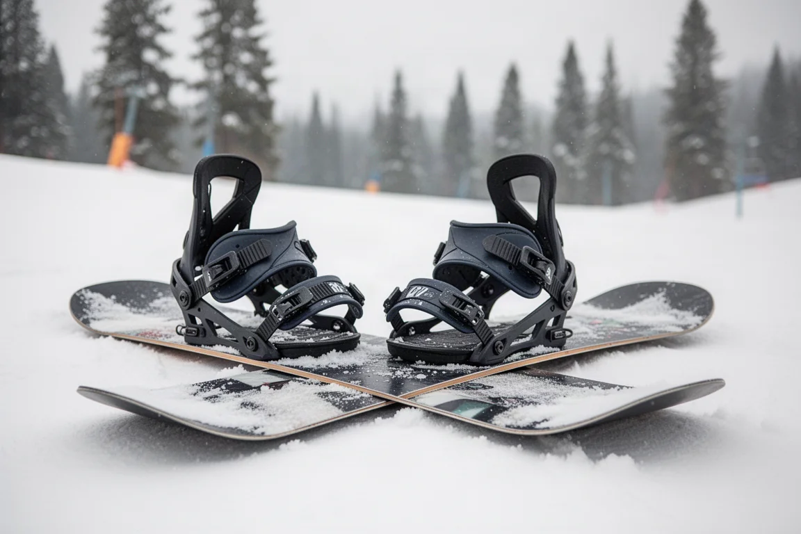 Snowboard with bindings resting on fresh snow at a resort