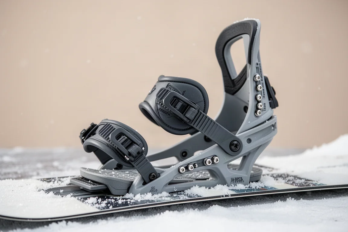 Close-up of snowboard binding adjustment hardware on a board