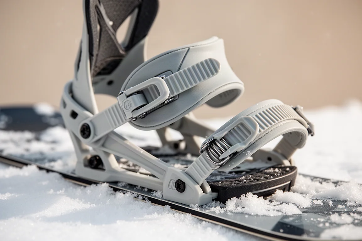 Snowboard binding ratchet lever and strap detail in snow