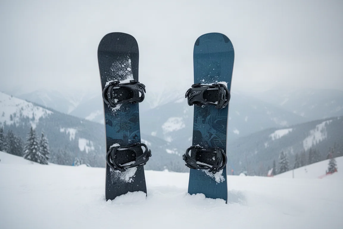 Snowboard with dark bindings standing in fresh snow on a mountain slope
