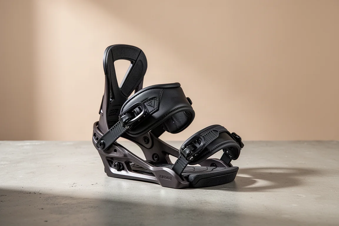 Snowboard binding with dark base tray and straps on a matte concrete surface