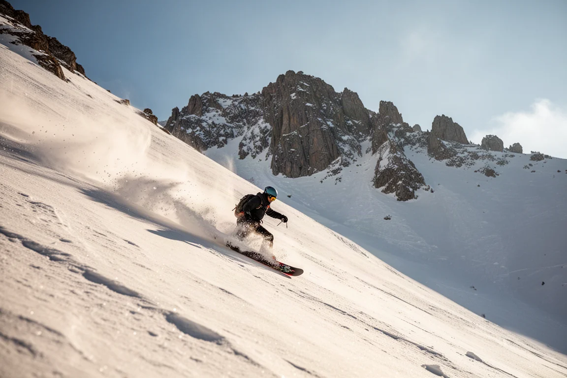 Snowboardista freeride trazando curvas en una cara alpina empinada y bañada por el sol, con la nieve saliendo de la tabla