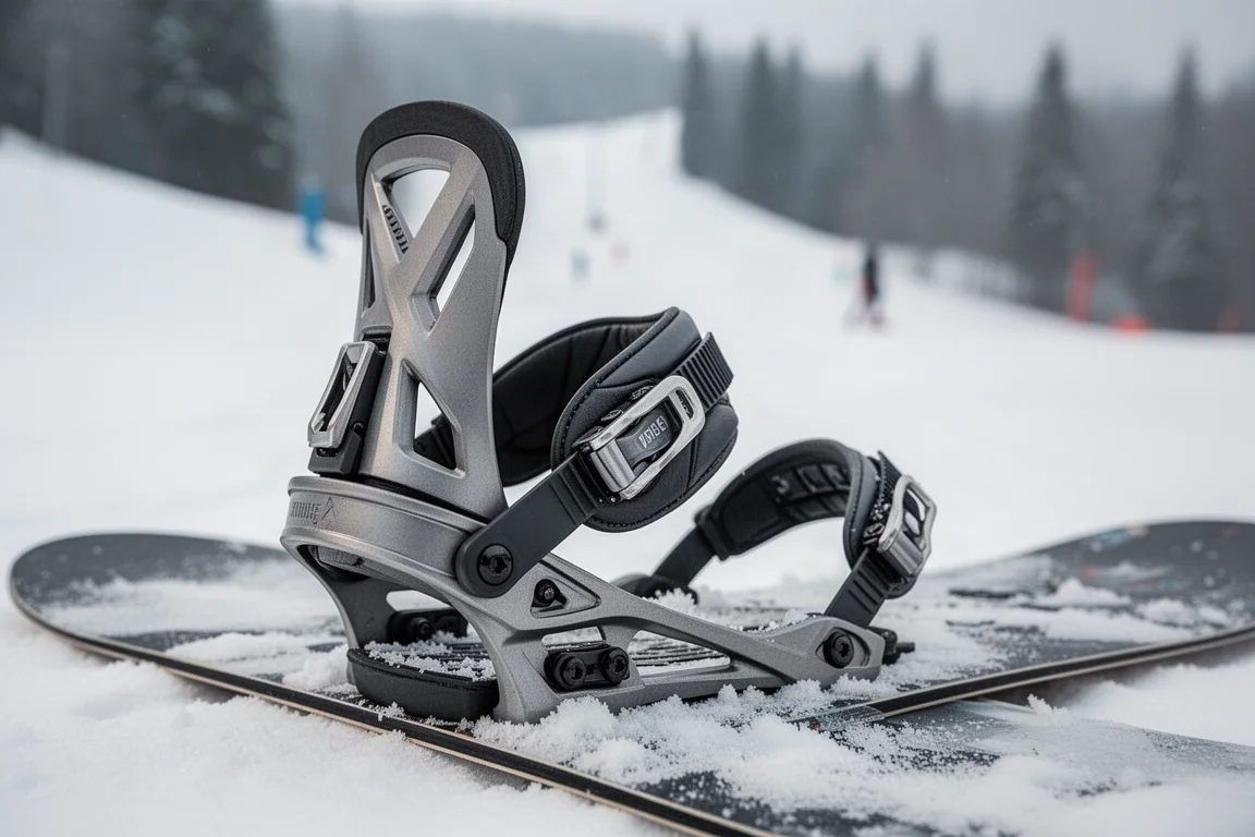 Primer plano del highback y la palanca de trinquete de una fijación de snowboard apoyados en la nieve
