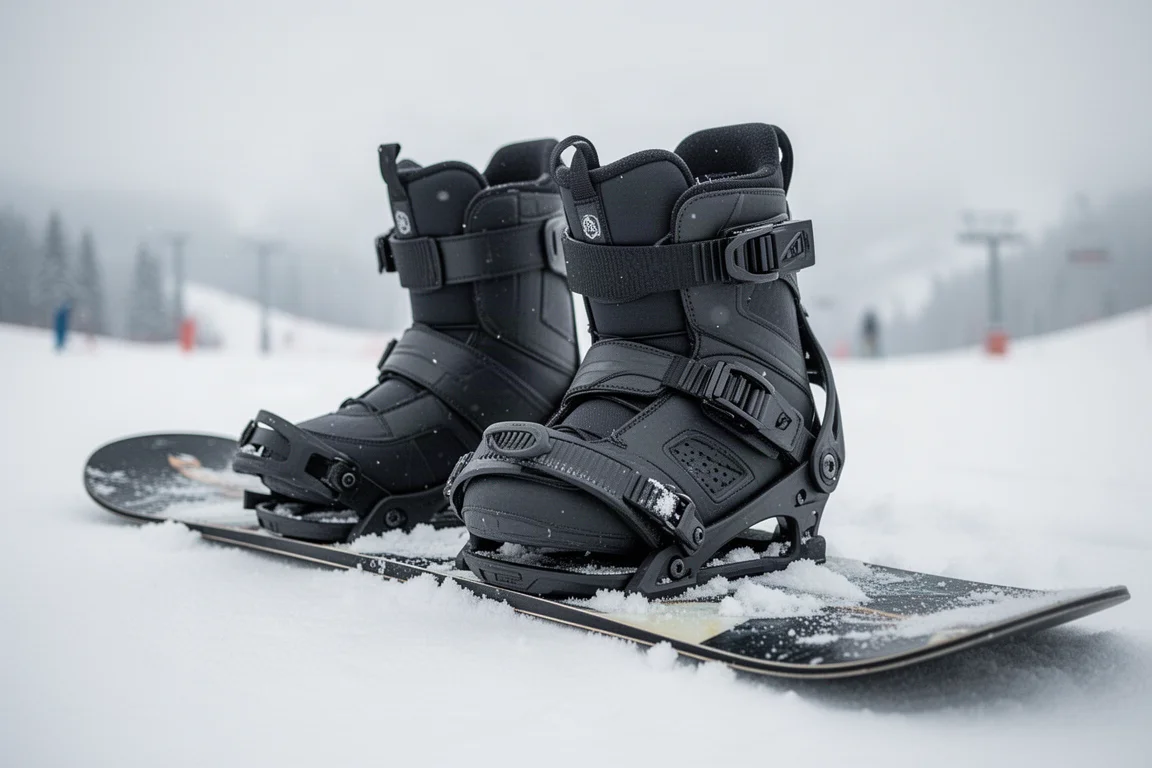 Botas de snowboard colocadas en las fijaciones de una tabla sobre nieve compactada