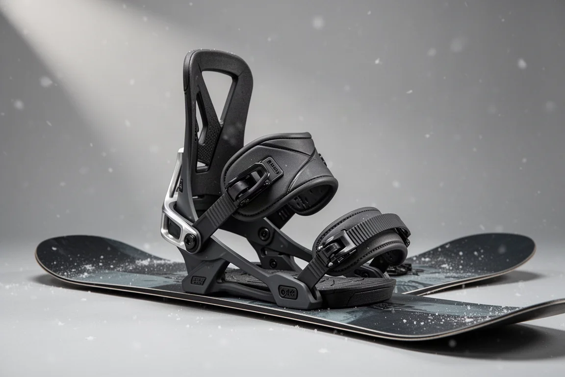Stiff freeride snowboard binding with tall highback mounted on a snowboard deck