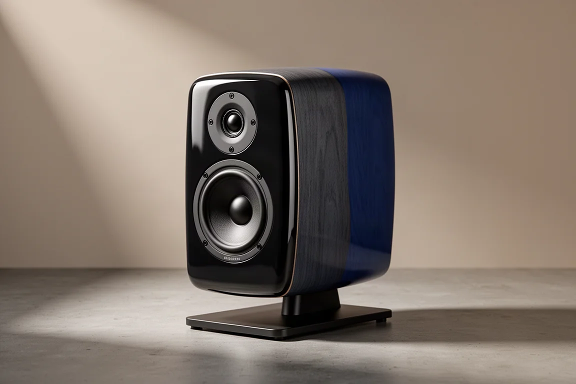 Compact high-end bookshelf loudspeaker in dark lacquer finish on a slim stand