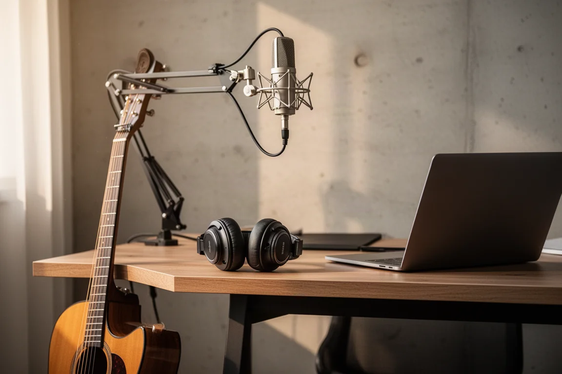 Hemmastudiodesk med mikrofonstativ, hörlurar och en akustisk gitarr i varmt ljus