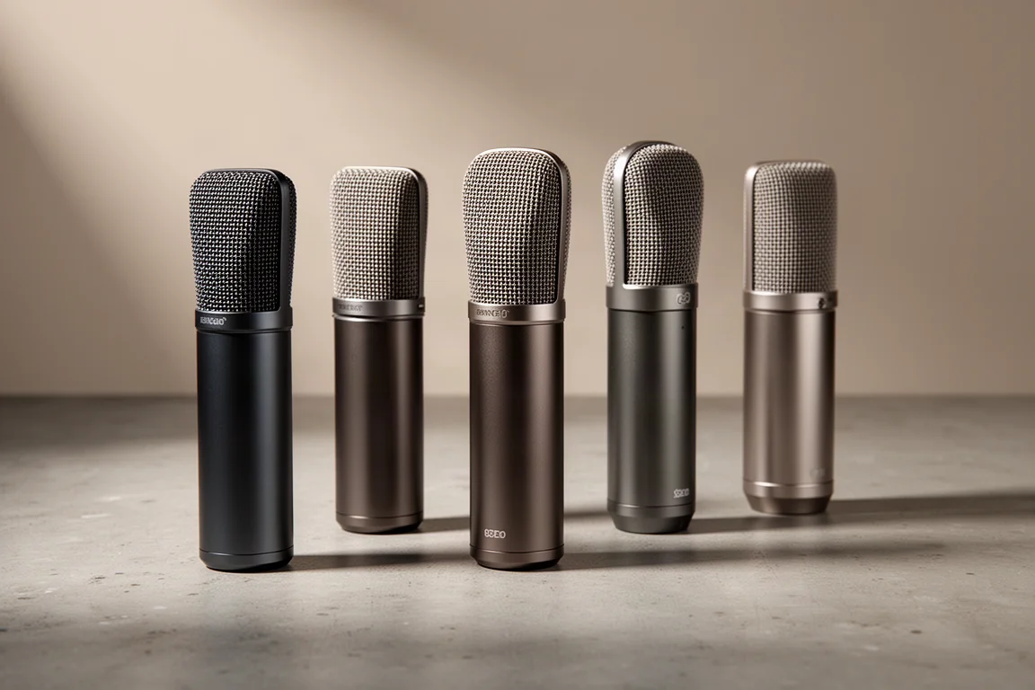Four compact large-diaphragm condenser microphones in a row on a concrete surface