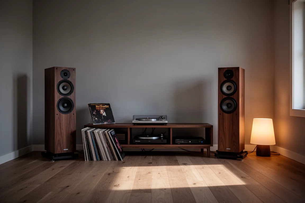 Salle d'écoute au crépuscule avec de grandes enceintes colonnes, une pile de vinyles et une lumière de lampe chaude