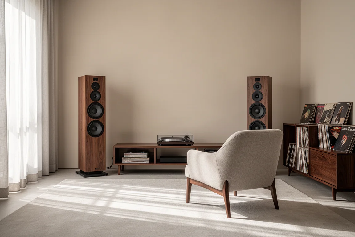 Salon lumineux avec enceintes colonnes, fauteuil et vinyles dans la lumière de l'après-midi