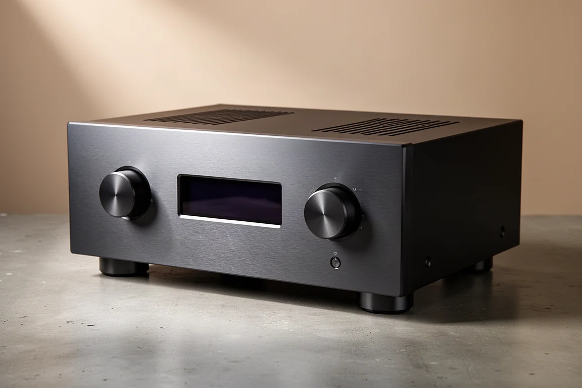 Rotel 1592 Mark II integrated amplifier with brushed aluminium front panel on concrete