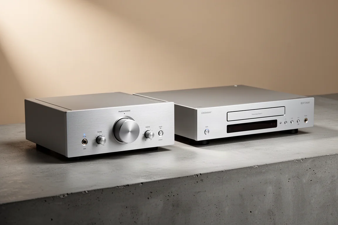 Rotel A11 Mark II amplifier and CD11 Mark II CD player side by side on concrete