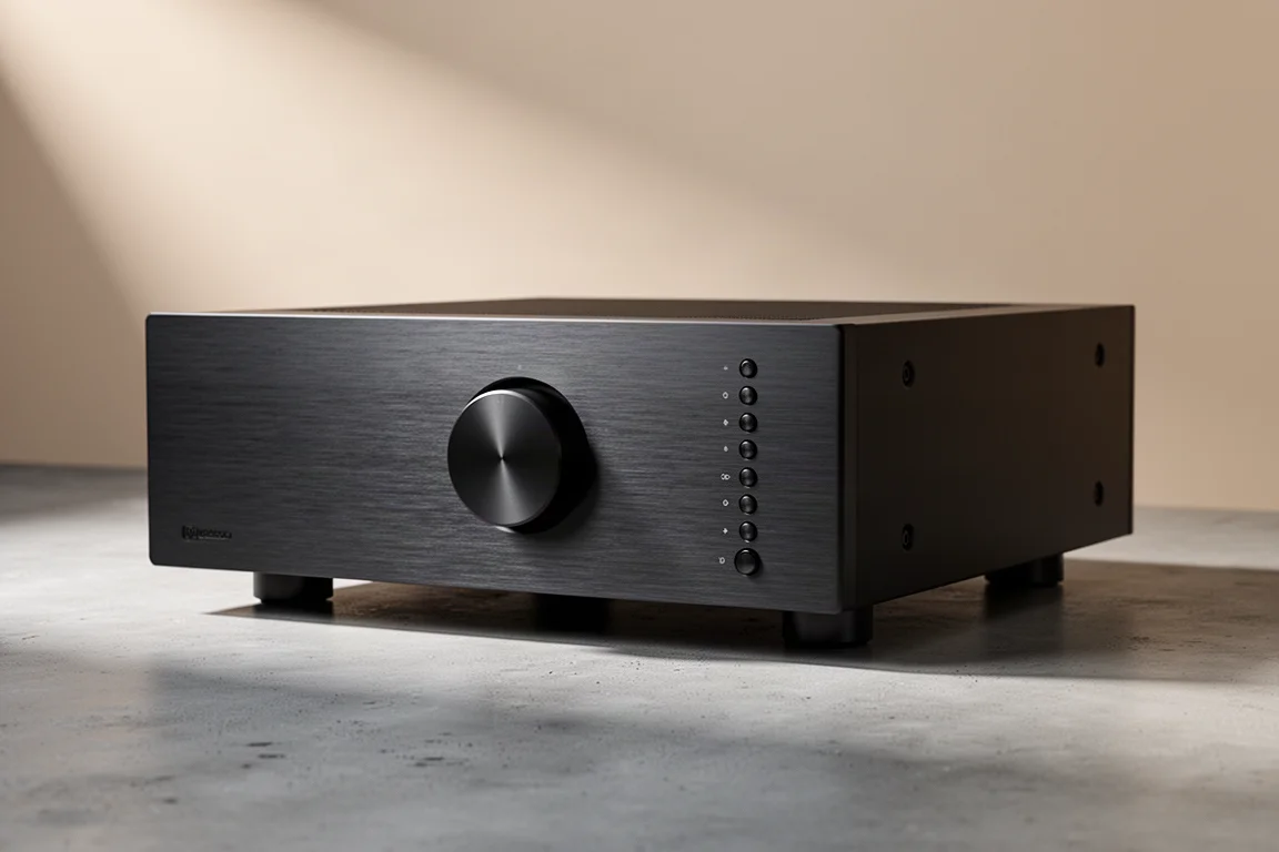 Low-profile integrated stereo amplifier with brushed aluminium front panel on concrete