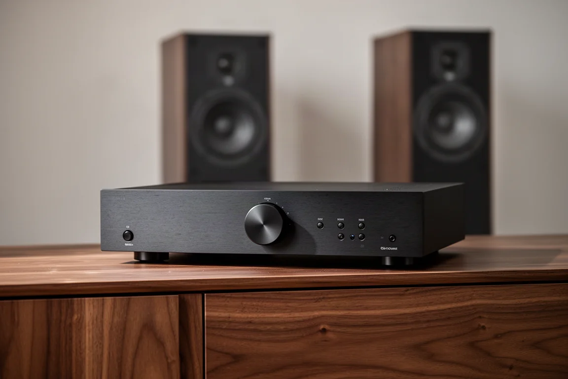 Slim black integrated amplifier with centre-mounted volume knob on a walnut console