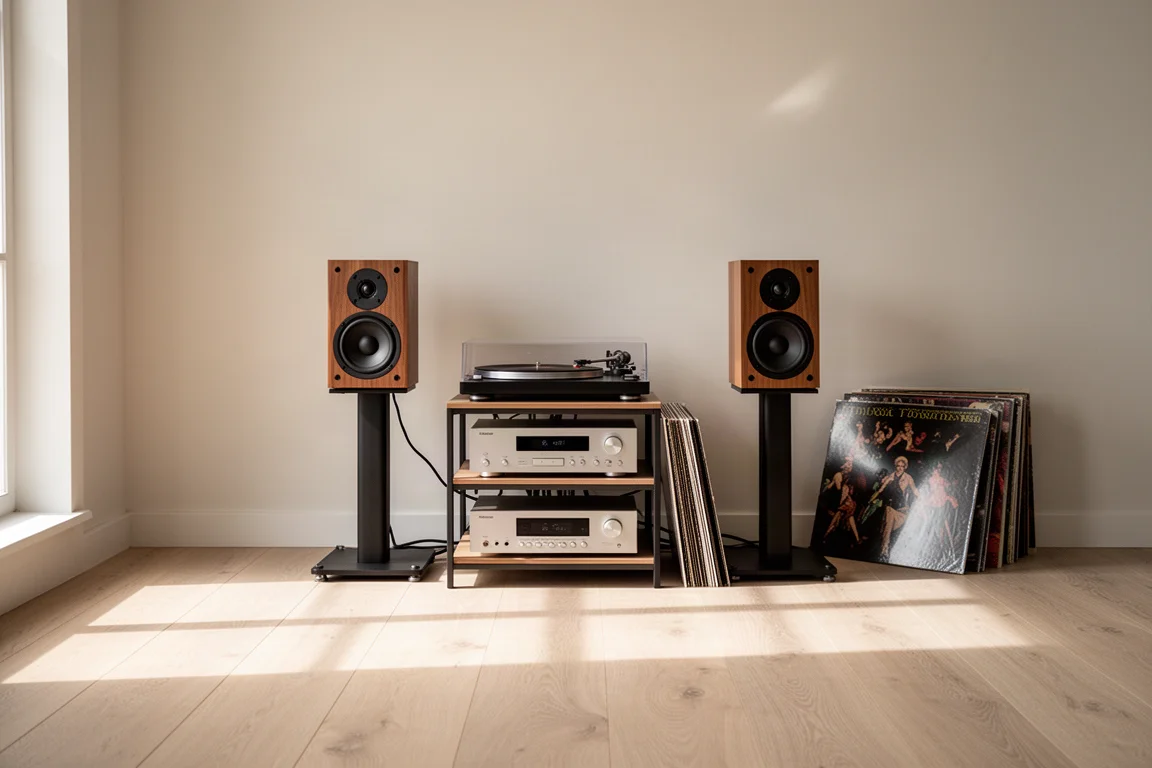 Compatto impianto hi-fi stereo con diffusori da scaffale e giradischi in una stanza silenziosa