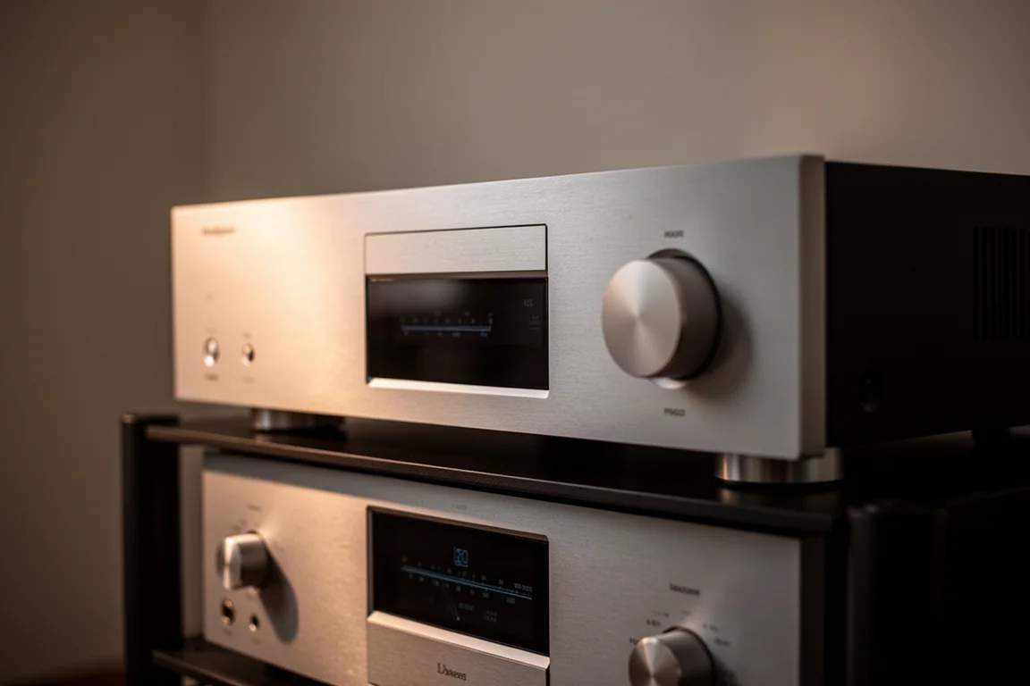Pannelli frontali in metallo spazzolato di componenti hi-fi impilati in una sala d'ascolto in penombra