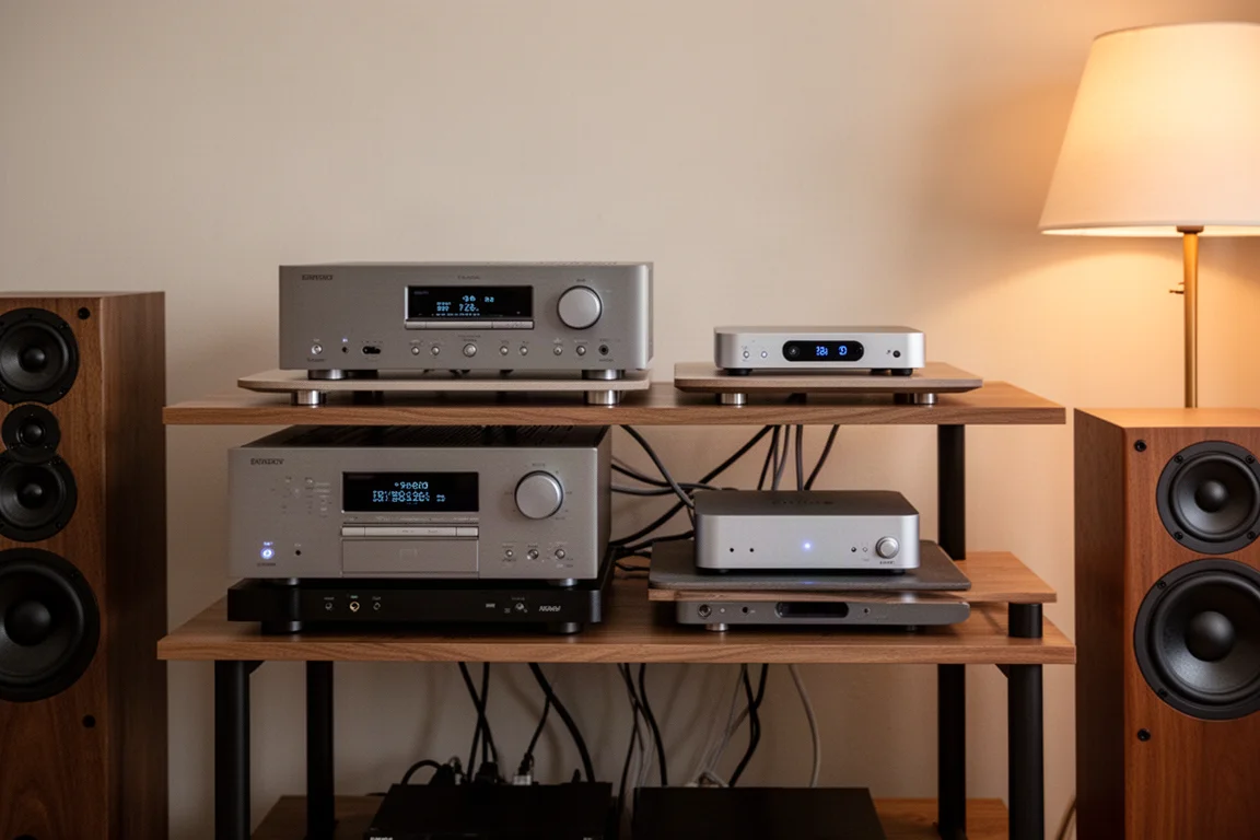 Mensola hi-fi ordinata con un amplificatore, un piccolo DAC e diffusori in un soggiorno