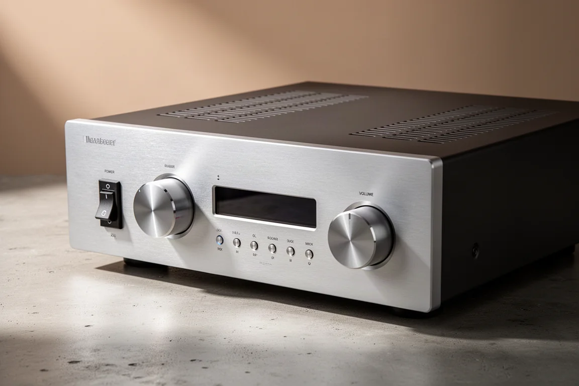 Brushed aluminium two-channel integrated amplifier on a matte concrete surface