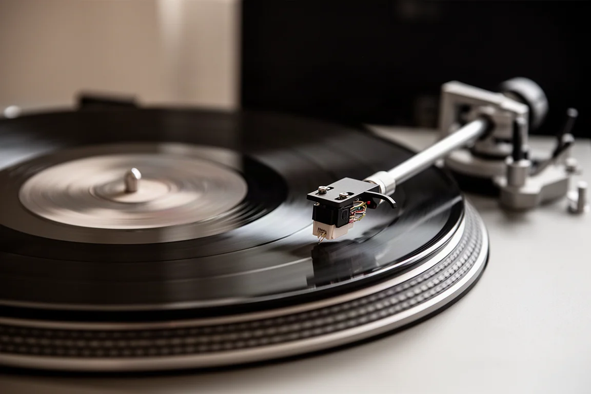 Vinylschallplatte dreht sich auf dem Plattenteller, Tonarm scharf im Fokus