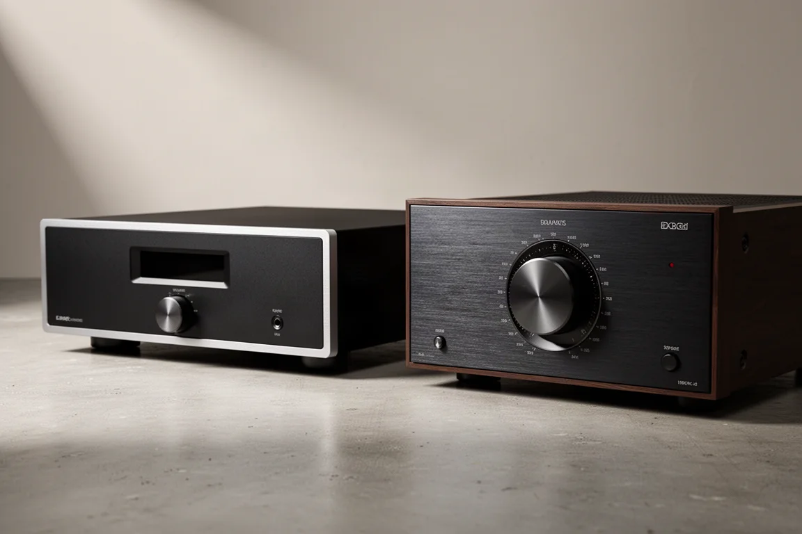 Modern black integrated amplifier beside a vintage brushed metal amplifier on concrete