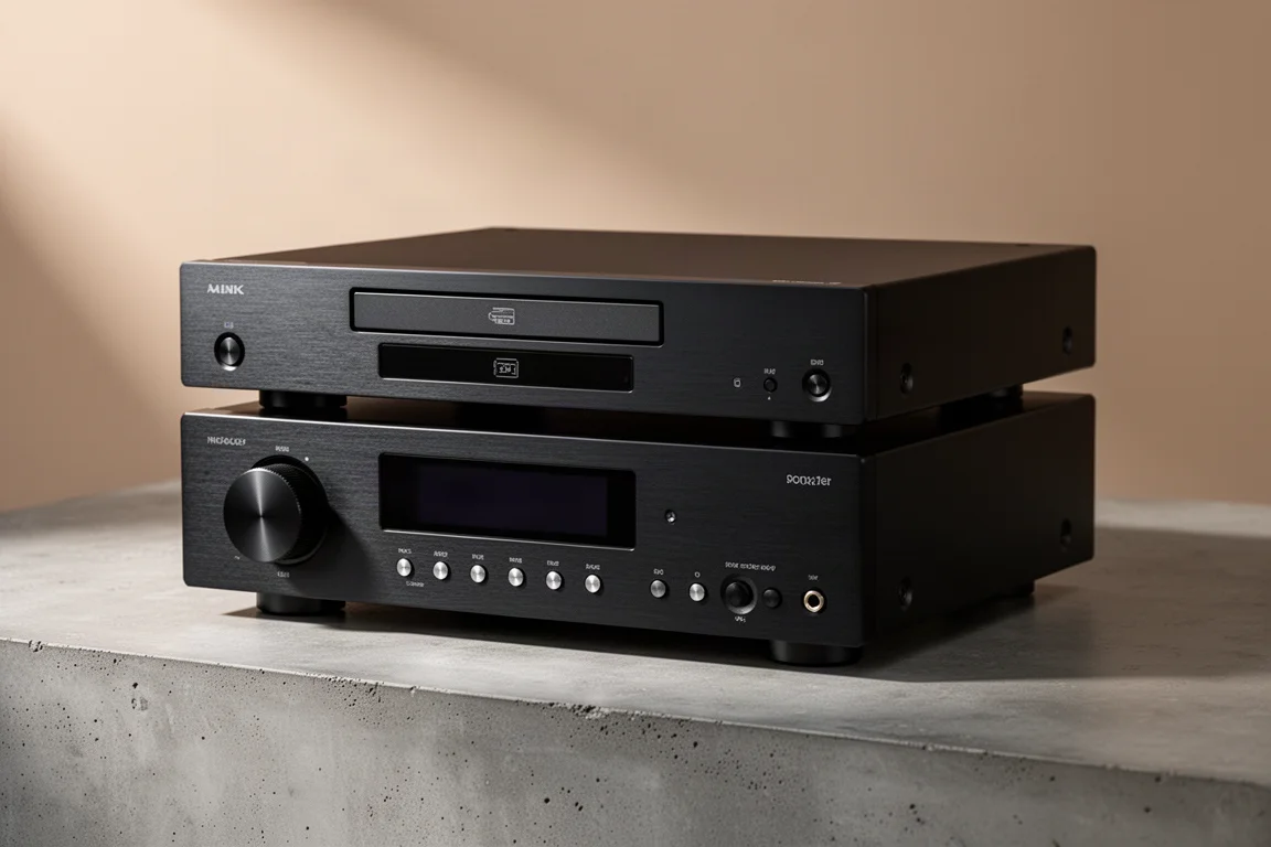Two slim black hi-fi components stacked on a concrete surface in soft studio light