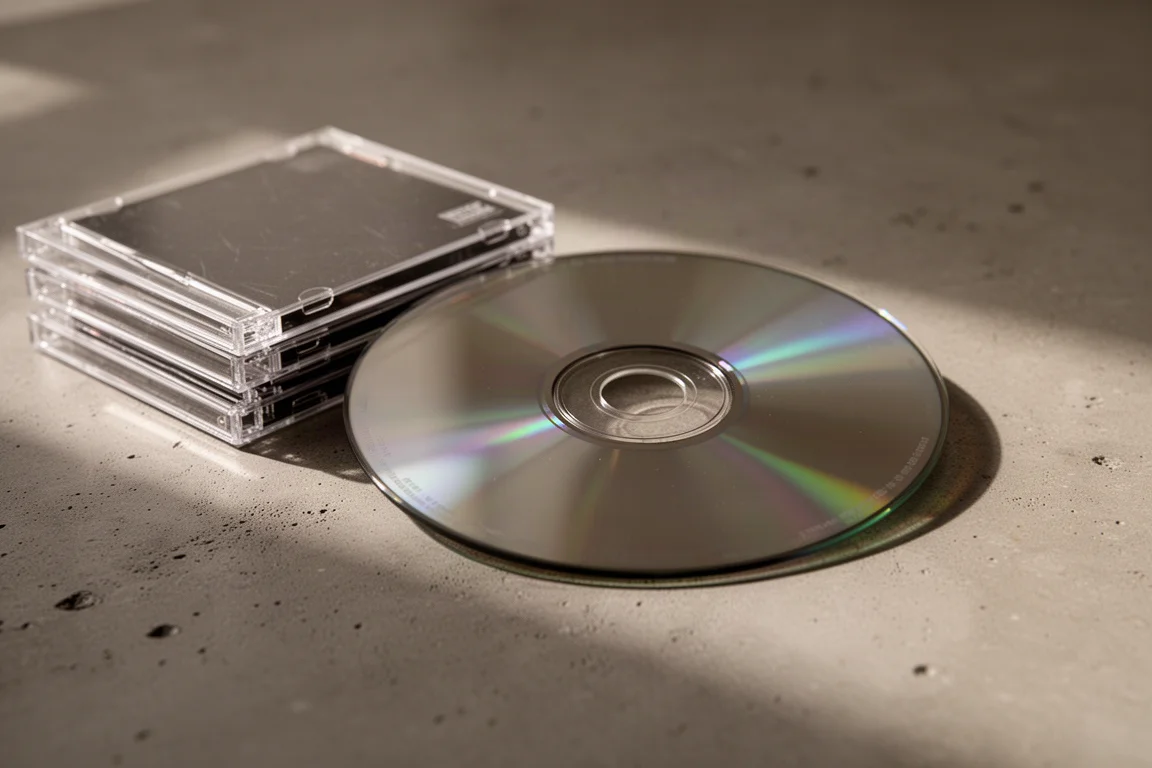 Płyta kompaktowa na betonowej powierzchni obok stosu pudełek na płyty CD w ciepłym świetle