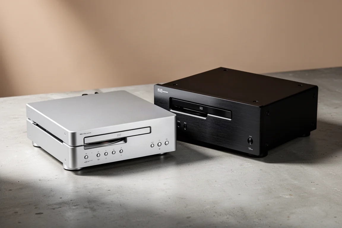 Silver and black hi-fi CD players side by side on a concrete surface