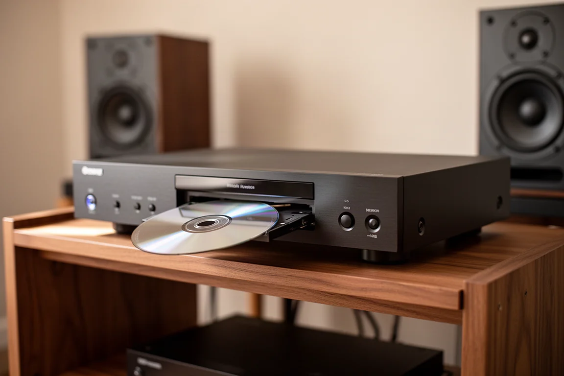 Slanke hifi-cd-speler op een plank met de lade gedeeltelijk open