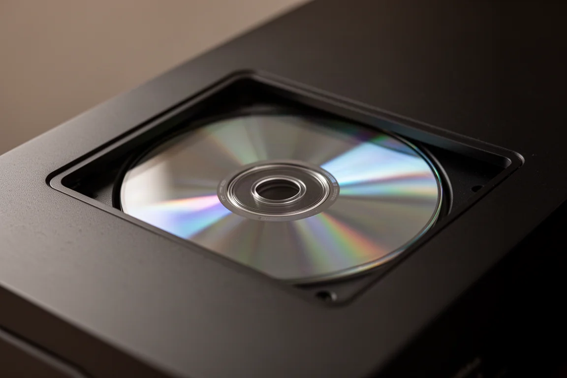 Compact disc die in een speler draait, gezien door een venster aan de bovenkant