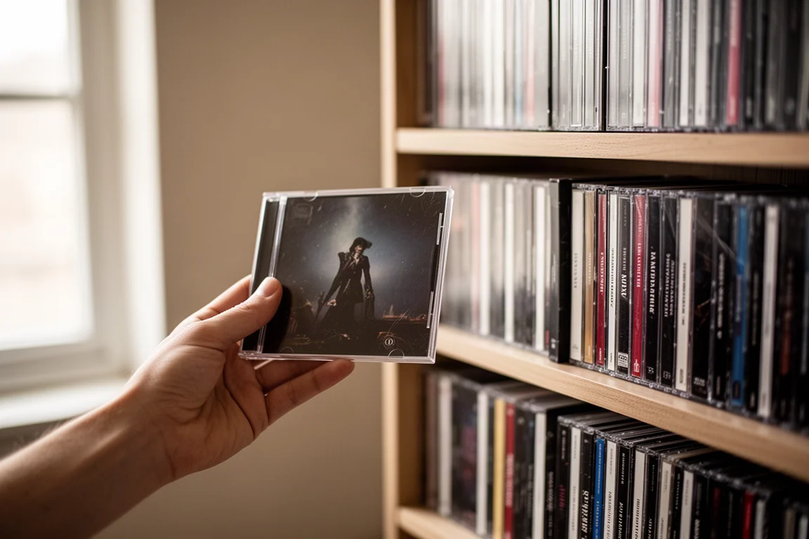 Hand die een cd-doosje vasthoudt naast een plank vol compact discs