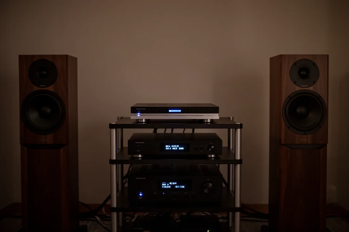 Hifi-rack met cd-speler en versterker in een sfeervol verduisterde luisterruimte