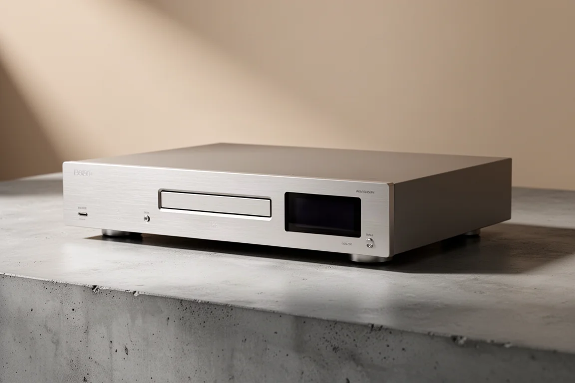 Slim full-width hi-fi CD player at a three-quarter angle on a concrete surface