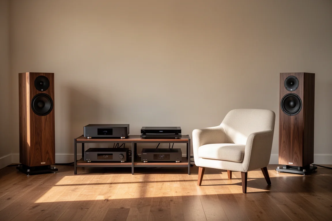 Sala di ascolto hi-fi con rack per apparecchiature e diffusori da pavimento in luce calda