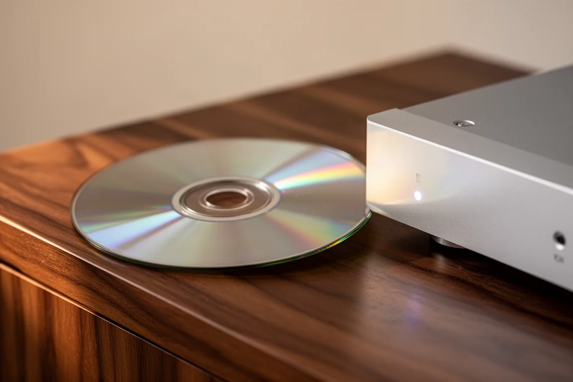 Compact disc appoggiato su una superficie in noce accanto a un sottile componente hi-fi argentato