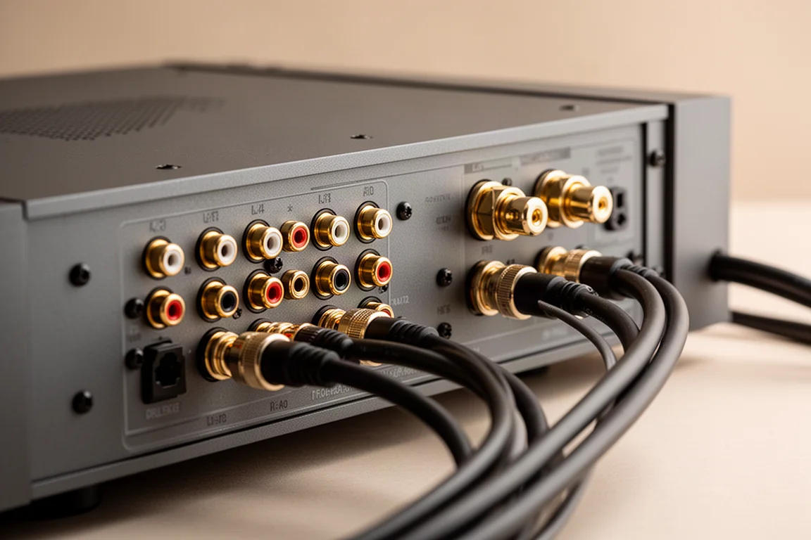 Pannello posteriore di un amplificatore hi-fi con prese RCA, morsetti per diffusori e cavi