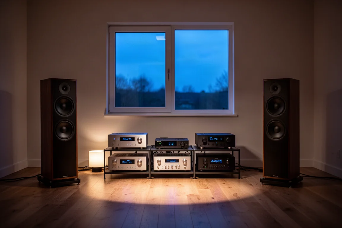 Sala d'ascolto in penombra al crepuscolo con diffusori, rack hi-fi e luce soffusa