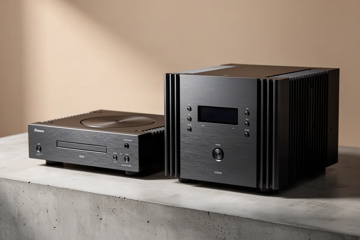 Two Rotel Diamond series hi-fi components side by side on a concrete surface