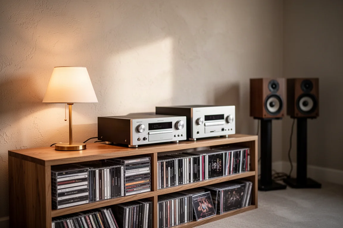 Canto da sala de audição com prateleiras de CDs, um abajur quente e pequenas caixas