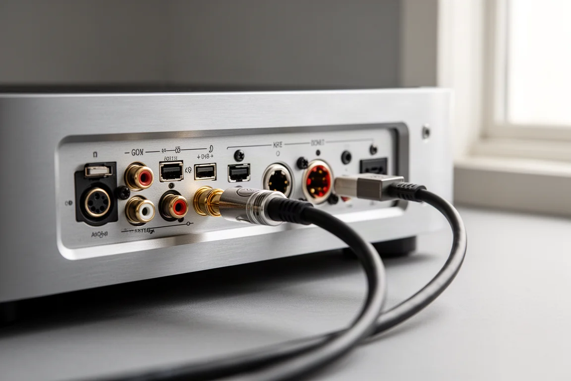 Painel traseiro de um player hi-fi com cabos coaxiais e USB conectados