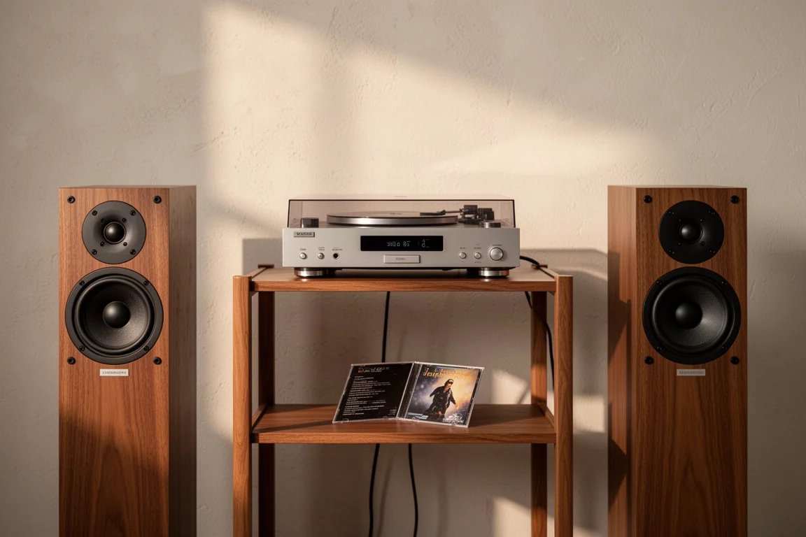 Rack hi-fi com um CD player de carregamento superior e caixas torre em uma sala minimalista
