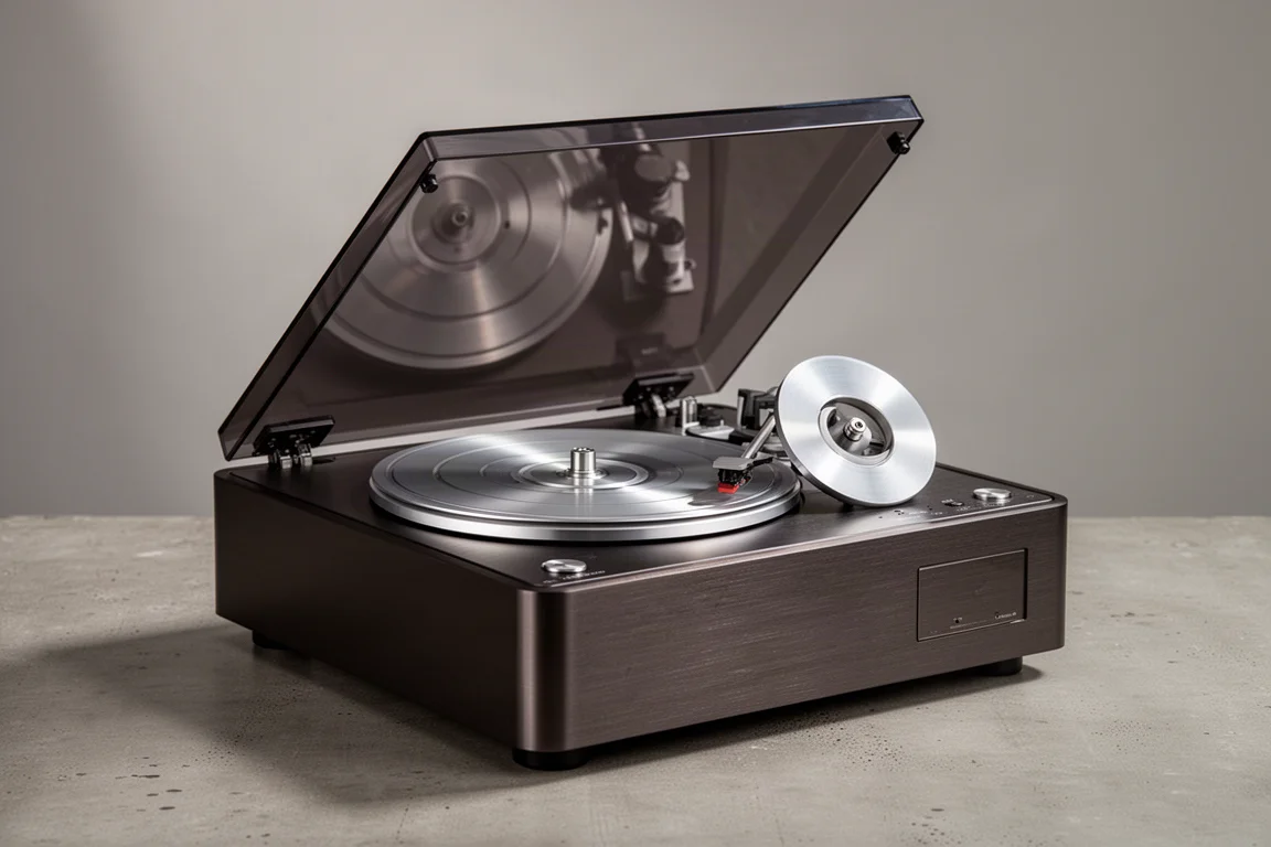 Top-loading CD player with open lid and machined metal disc clamp on a neutral backdrop