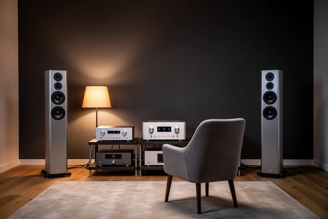 Sala d'ascolto in penombra di notte con diffusori a torre e un amplificatore argentato su un rack basso