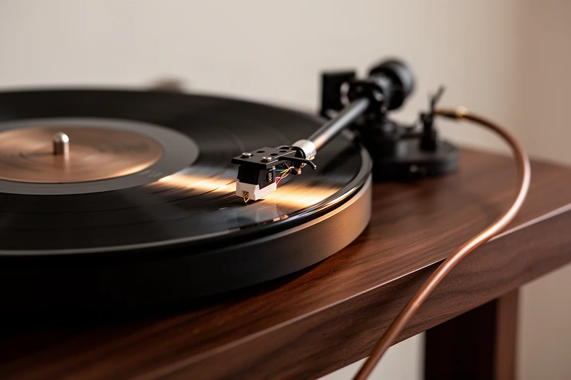 Primo piano di un disco in vinile che gira sul giradischi con il braccio che segue il solco