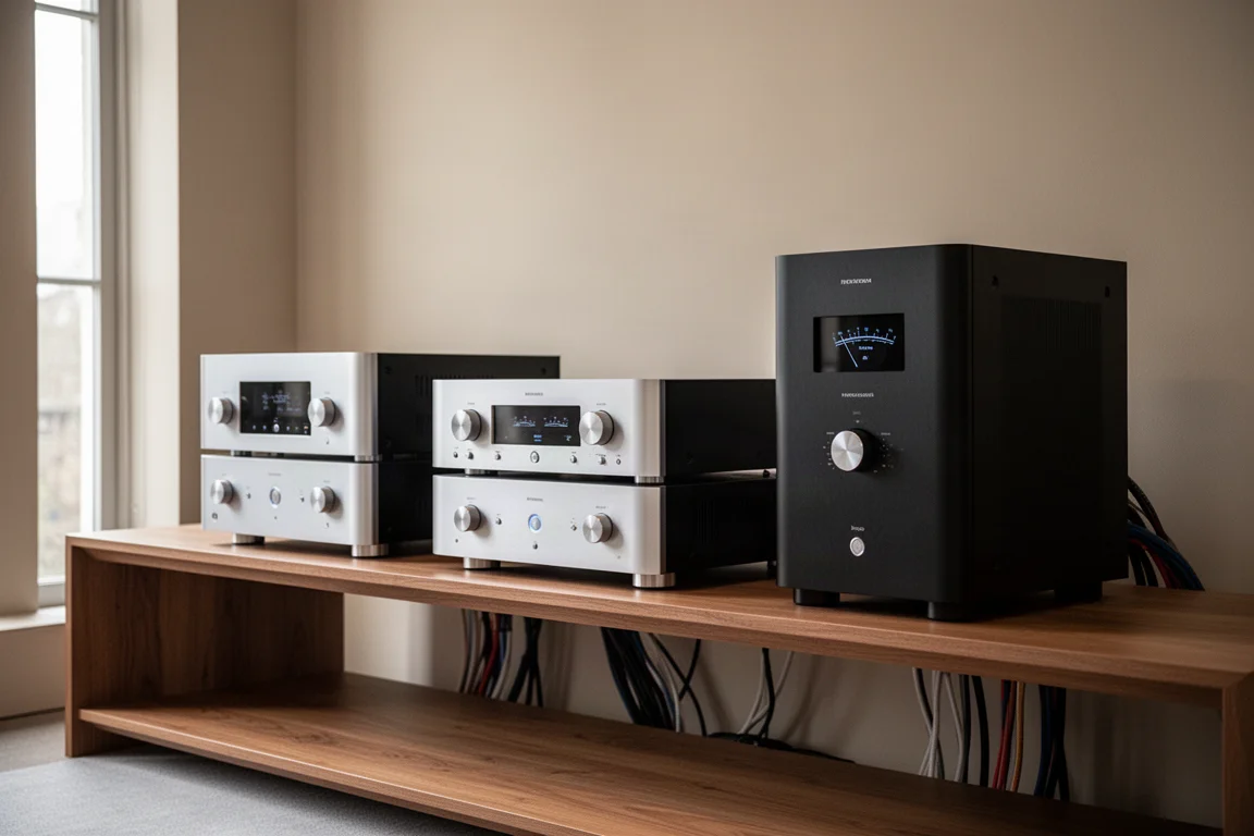 Tre grandi amplificatori integrati allineati su una mensola hi-fi in legno in un showroom silenzioso