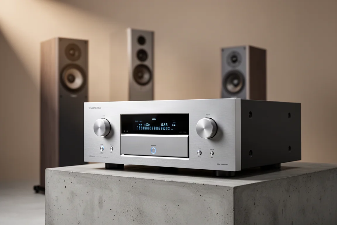 Rotel Michi X3 integrated amplifier on a concrete plinth with tower speakers behind
