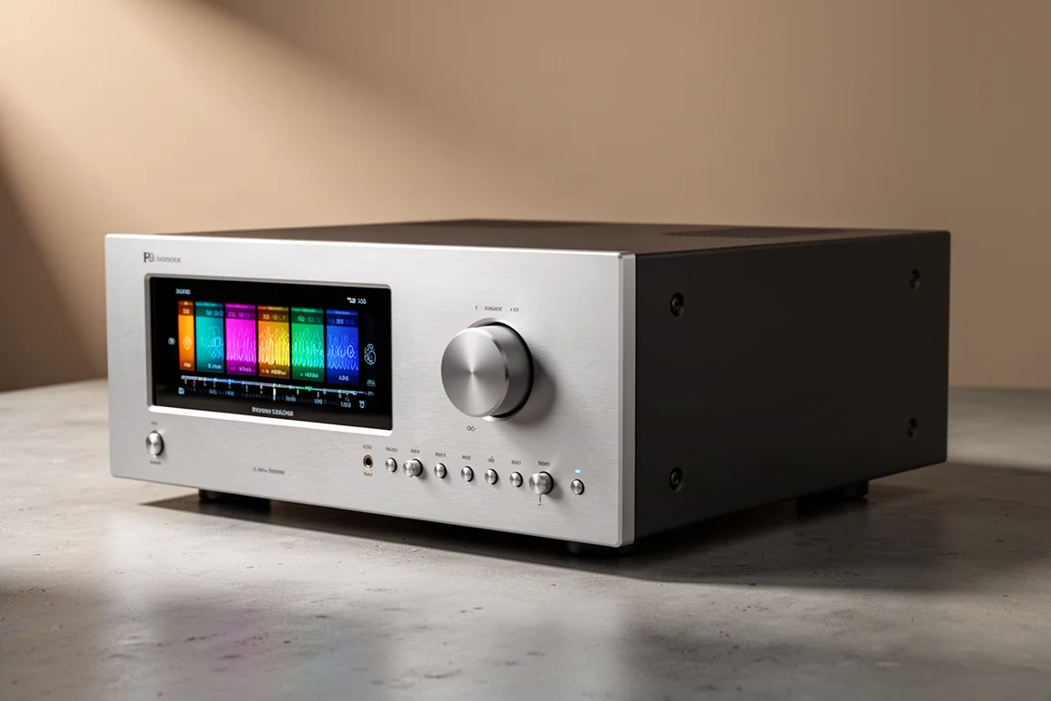 Slim black integrated streaming amplifier with display and volume knob on concrete