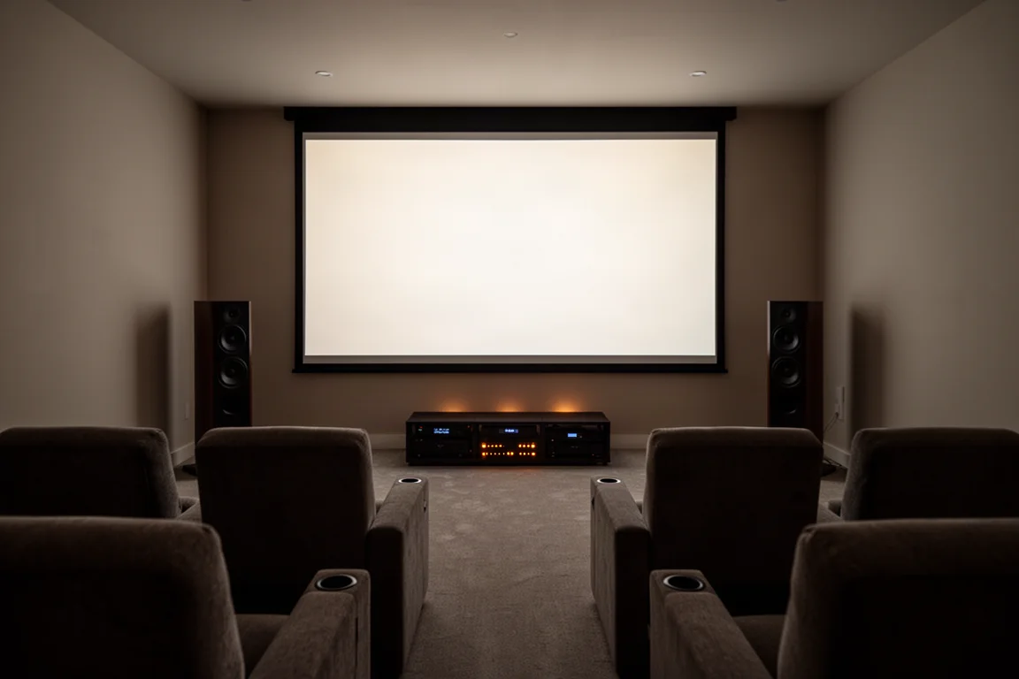 Salle de home theater faiblement éclairée avec un écran lumineux, des enceintes colonnes et un rack d'équipement